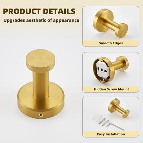 APLusee Brushed Dark Gold Towel Hook for Bathroom, 304 Stainless Steel Round Towel Hanger, Heavy Duty Wall Hook for Kitchen Garage Wall Mounted thumbnail 9