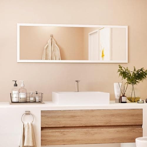whitebeach 48" x 16" Over The Door Full Length Mirror Wall Mounted Hanging with 2 Metal Hangers for Bedroom Living Room Bathroom White thumbnail 9