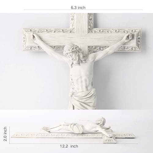 BC Catholic Crucifix Wall Cross, 12" H Jesus Christ Wall Decor for Elegant Modern Home, Devout Gift for Easter, Religious Gifts Home Decor, Grey White Stone Finish, Hand Painted by Buildclassic thumbnail 5