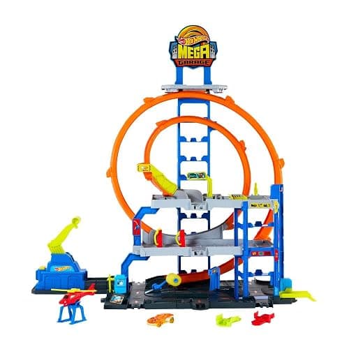 Hot Wheels Toy Car Track Set with Die-Cast Car & Helicopter, 2 Loops, Storage for 36 1:64 Scale Vehicles, Speed Snap Adapters, Mega Loop Garage - Image 1