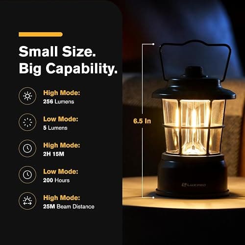 LUXPRO Retro LED Lantern - Battery-Powered Emergency Lantern - Water Resistant - Bright LED Lamp for Indoor & Outdoor Use - Use for Tents, Hiking or Hurricane Prep (Black, Pack of 1) thumbnail 3