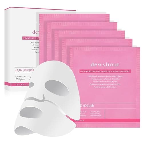 dewyhour Collagen Face Mask: 5 Pack Hydrating Deep Collagen Mask Face Overnight Sheet Mask with Hyaluronic Acid | Firming & Elasticity Skin, Korean Face Mask, Pore Minimizing, Glass Glow Skin - Image 1