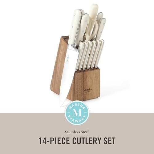MARTHA STEWART Eastwalk 14 Piece High Carbon Stainless Steel Cutlery Kitchen Knife Block Set w/ABS Triple Riveted Forged Handle Acacia Wood Block - Linen White thumbnail 3