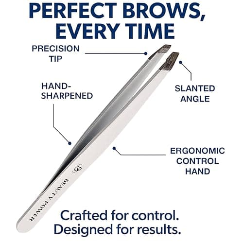 Beauty Power Slant Tip Precision Tweezers - Stainless Steel Eyebrow Tweezers for Women & Men - Precision Tweezers for Facial Hair, Ingrown Hair & Brow Shaping - Professional Beauty Tool - White thumbnail 2