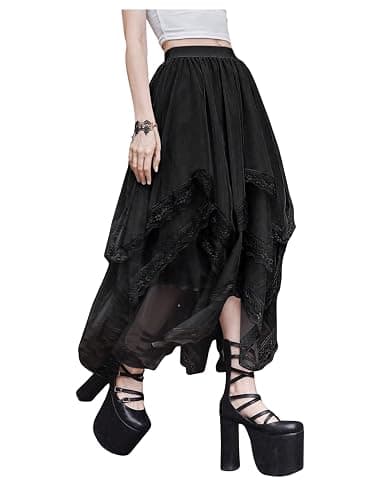 SHENHE Women's Lace Trim Layered Mesh Tulle Skirt High Waist Asymmetrical Long Goth Skirt thumbnail 4