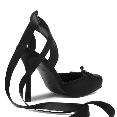 Riekhany Satin Ballet Heels for Women Closed Square Toe Bow Ballerina Heels Lace Up High Heel Slingback Pumps Strappy Stiletto Mary Janes Elegant Party Shoes thumbnail 5