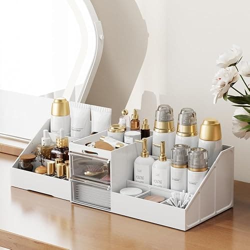 Makeup Organiser,2 In 1 Large Capacity Cosmetic Organiser With 2 Drawers And 16 Compartment, Suitable For Bathroom Bedroom Dressing Table-White/Clear thumbnail 9