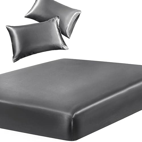 SiinvdaBZX 3-Piece Set Satin Full Fitted Sheet & 2 Pillowcase, Grey | Silky Soft Fitted Bottom Sheet, Deep Pocket Sheet Design Fits 15 Inch Mattress, Wrinkle Free, Fade Resistant - Image 1