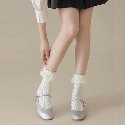 BIVOLU Womens Crew Socks Lace Ruffle Frilly Cotton Cute Princess Ankle Dress Socks for Girl 5 Pack thumbnail 8