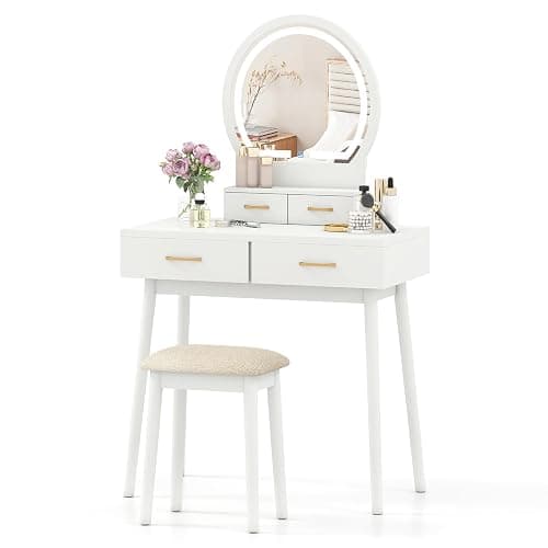 CHARMAID Vanity Desk with Mirror and Lights, Modern Makeup Vanity Table with 4 Drawers, 3-Color Dimmable LED Mirror, Girls Dressing Table and Stool Set for Small Bedroom (White) thumbnail 9
