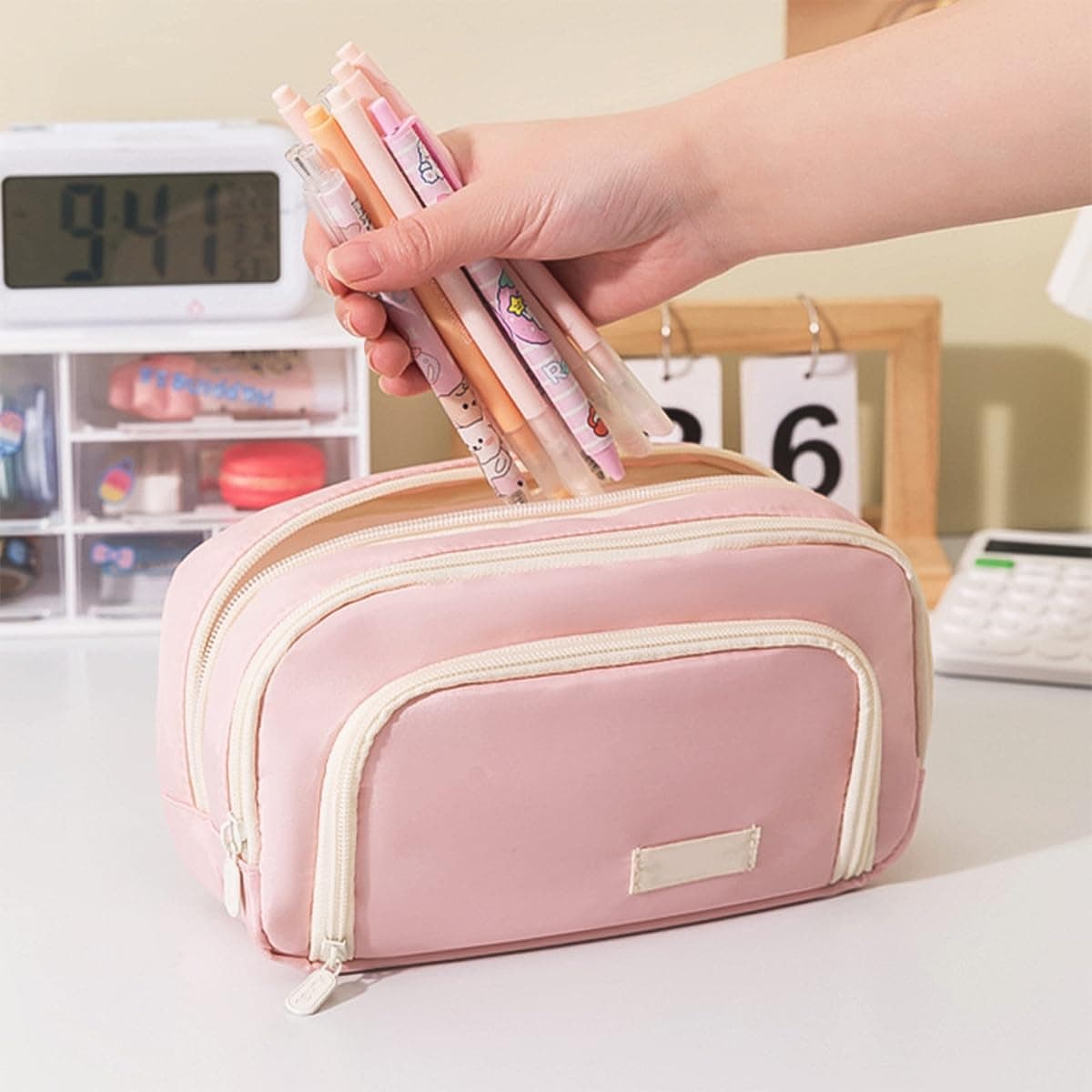 NUZAMAS Large Capacity Pencil Cases 3 Compartment Pencil Case Pencil Pouch Portable Pencil case with Handle Stationery Organizer with Zipper for College School Office Pink thumbnail 6