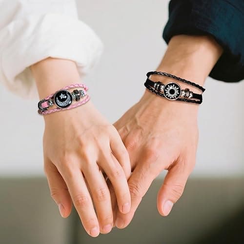 Sun and Moon Bracelets for Couples, Matching Black and Pink Adjustable Set, Couples Jewelry Gift for Him and Her thumbnail 3