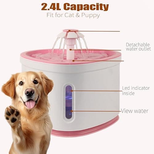 2.4L Cat Water Fountain-Pet Drinking Fountain,Automatic Cat Puppy Dog Water Dispenser,LED Night Vision Water Level Window w/ 3 Replacement Filters(Pink) thumbnail 2