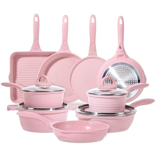 JEETEE Pink Pots and Pans Set Nonstick 23pcs, Healthy Kitchen Cookware Sets, Induction Cooking Set Pink Frying Pans, Saucepans, Sauté & Griddle & Crepe Pan (PFOA Free) - Image 1