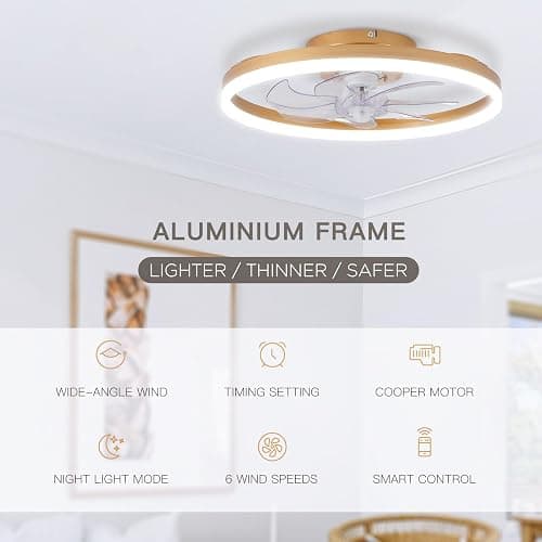 STERREN Modern Gold Ceiling Fans with Lights,20" Dimmable Flush Mount Low Profile Ceiling Fans with Remote Control,Indoor Smart Ceiling Fan with Light for Bedroom thumbnail 2