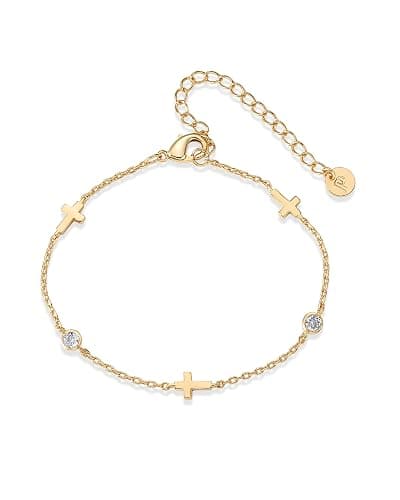 PAVOI 14K Gold Plated Sideways Cross Bracelet for Women | Religious Cubic Zirconia Station Bracelet | Confirmation Gift - Image 1