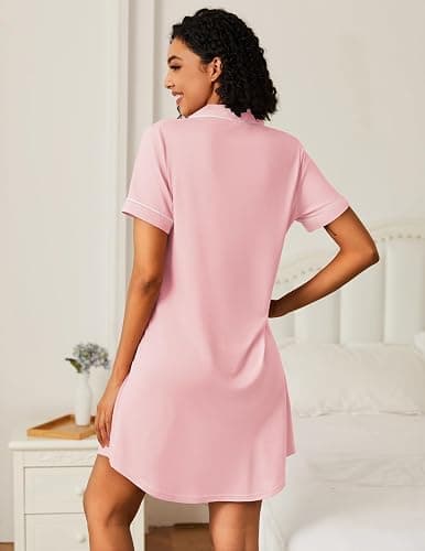 Ekouaer Nightgowns for Women Bamboo Viscose Sleep Shirts Button Down Night Shirt Short Sleeve Boyfriend Pajama Dress thumbnail 3