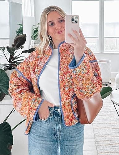 Omoone Women's Cropped Quilted Jacket Floral Printed LightWeight Padded Puffer Cardigan Coat Outwear thumbnail 4