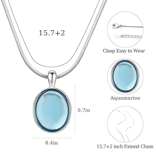 Teppdfann 925 Sterling Silver Aquamarine Necklace Oval Blue Pendant Necklace March Birthstone Necklace for Women Handmade Aquamarine Jewelry for Gift thumbnail 4