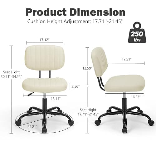 NEWBULIG Armless Small Office Desk Chair with Low Back Lumbar Support, PU Leather Computer Vanity Chair with 360° Swivel Rolling Wheels, Height Adjustable Task Chair for Small Space, Beige thumbnail 2