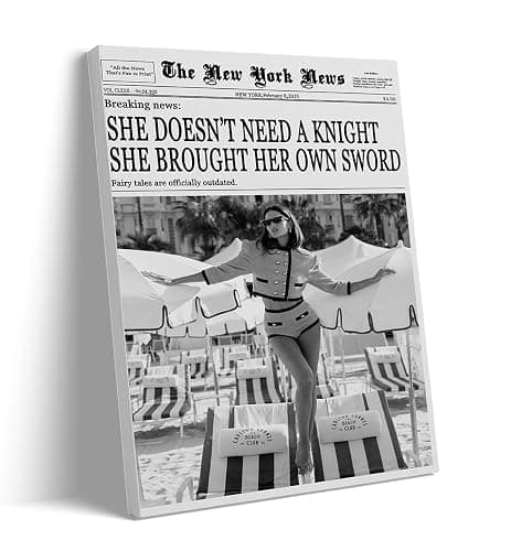 Funky New York Newspaper Wall Art She Doesn't Need a Knight; She Brought Her Own Sword Vintage Black and White Feminist Newspaper Posters Preppy Dorm Office Wall Decor 24x36in Large Frame wall art - Image 1