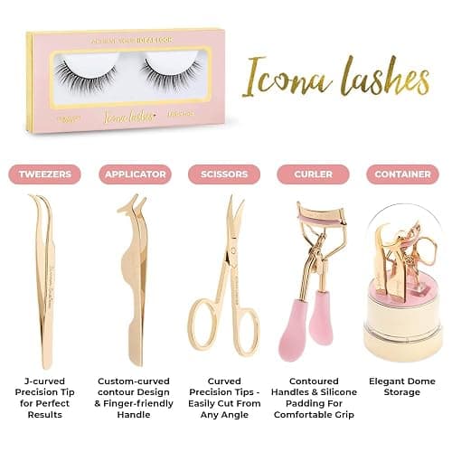 Icona Lashes 4-in-1 False Eyelash Tool Kit - DIY Lash Extension Kit with Tweezer, Curler, Scissors, Applicator - 24K Gold Plated Stainless Steel Accessories in Clear Dome Organizer, Beautiful Gift Box thumbnail 4