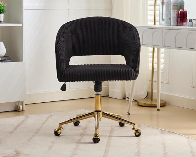 Home Office Chair Swivel Velvet Desk Chair Accent Armchair Upholstered Modern Tufted Chairs with Gold Base for Girls Women Ergonomic Study Seat Computer Task Stools for Living Room(Black) thumbnail 2
