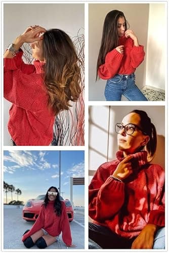 Dokotoo Womens 2025 Winter Fall Solid Turtleneck High Neck Balloon Long Sleeve Sweaters Pullover Outerwear thumbnail 5