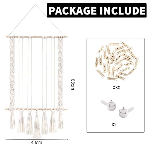 DTOFOOT Hanging Photo Display with 30 Wood Clips Macrame Wall Hanging Picture Holder Collage Picture Frame for Boho Home Room Decor Teen Girl Gifts for Birthday for Mom thumbnail 3