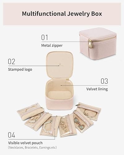 Vlando Travel Jewelry Case,Jewelry Organizer with 6 zipper velvet Jewelry bags for Women Girl,Wedding Birthday Gift Ideas for Women Earrings Rings Storage Gift Box Packaging Pink thumbnail 6