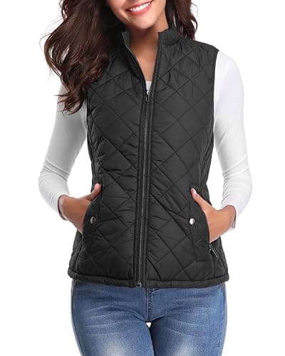 Fuinloth Women's Quilted Vest Lightweight Puffer Stand Collar Zip Gilet | 4 pockets with 2 inner storage. Quilted padded warm gilet. Fall winter outerwear layering vest for travel hiking daily wear. - Image 1