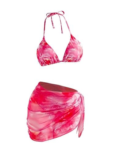 OYOANGLE Women's 3 Piece Swimsuits Tie Dye Floral Triangle Bikini Set with Sarong Cover Ups Vacation Bathing Suits - Image 1