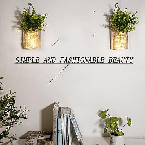 Rustic Wall Sconces, Mason Jar Sconces, Farmhouse Home Decor, LED Fairy Lights, Green Fake Plant, Interior Decoration Warm Toned Lighting. (2 Pack) thumbnail 5