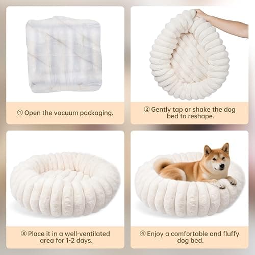 Vhen When Donut Dog and Cat Bed, Luxurious Comfortable Faux Rabbit Fur Pet Beds, Round Anti-Anxiety Calming Puppy Kitten Bed with Anti-Slip Bottom for Small Medium Dogs & Cats(20", White) thumbnail 6