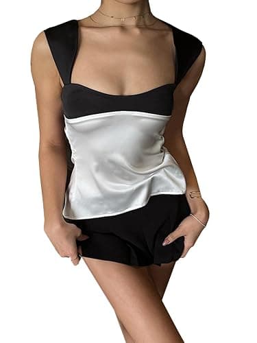 SHENHE Women's Satin Tie Back Tank Top Color Block Wide Strap Scoop Neck Silky Top thumbnail 4