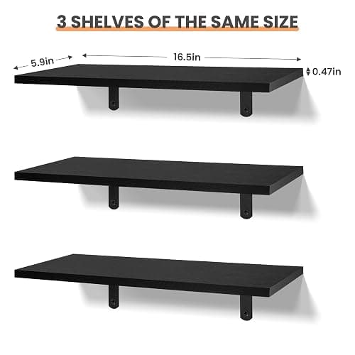 upsimples Floating Shelves for Wall Decor Storage, Wall Mounted Shelves Set of 3, Sturdy Small Wood Shelves with Metal Brackets Hanging for Bedroom, Living Room, Bathroom, Kitchen, Book, Black thumbnail 8