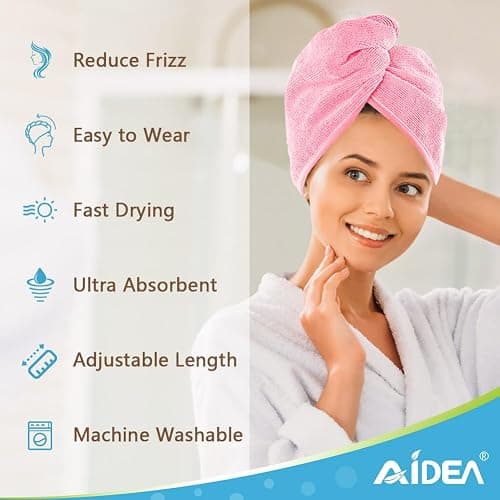 AIDEA Microfiber Hair Towel Wrap, 2 Pack Hair Turbans, Super Absorbent Quick Dry Hair Towel Wrap for All Hair Types Anti Frizz, 26"×10", Pink thumbnail 4