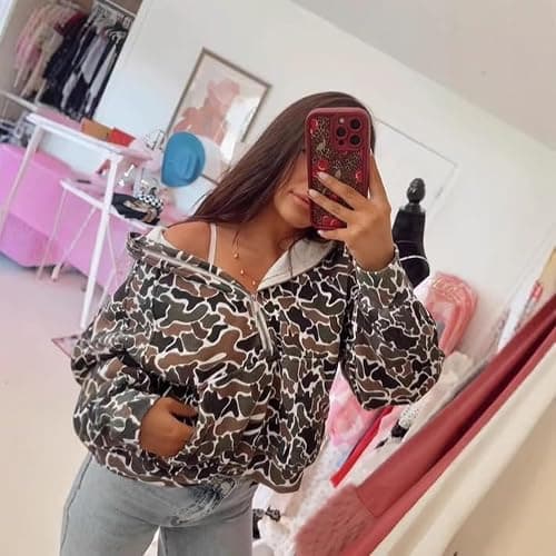 MANGMAO Camo Hoodie Y2k Quarter Zip Pullover Sweater Women Oversized Cute Hoodie Colorful Patchwork Cow Print Hoodies thumbnail 5