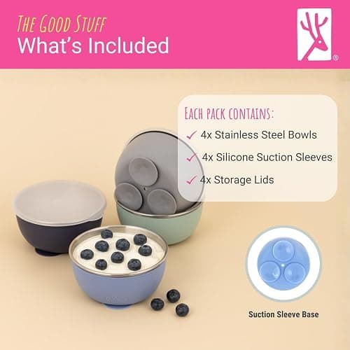 Elk and Friends Stainless Steel Bowls with Silicone Sleeve for Babies & Toddlers | Lids Included | Stay Put Suction | Cereal & Snack Bowls | 4 Pack thumbnail 8