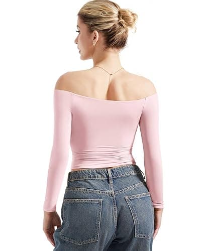 SUUKSESS Women Off Shoulder Double Lined Long Sleeve Shirts Basic Going Out Tops thumbnail 5