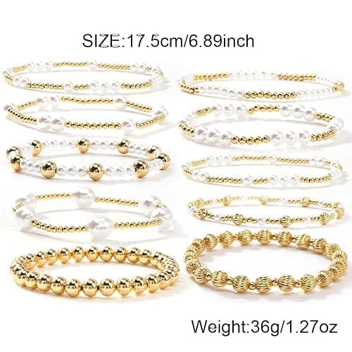 SHINUS BOHO Dainty Cross Clover Gold Beaded Pearl Bracelet Stack for Women,Handmade Boho Gold Plated Beads Stretch Stackable Bracelets Fashion Birthday Prom Jewelry Accessories Gift Friendship thumbnail 6