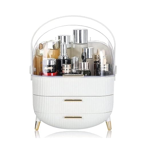 Makeup Organizer Storage Box, Cosmetics Display Case with Transparent Cover, Dust Waterproof Cosmetics Storage Box Suitable for Bathroom Countertop and Bedroom Vanity Dresser (White) - Image 1