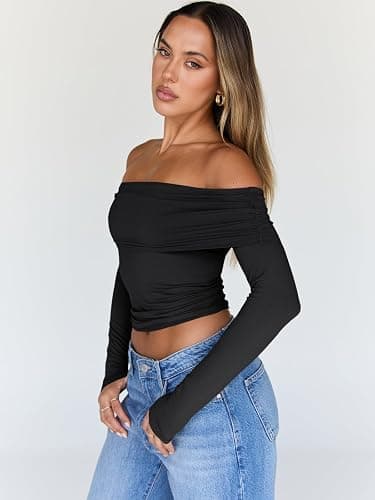 Trendy Queen Women Long Sleeve Shirts Off Shoulder Tops Going Out Crop Sexy Slim Fitted Y2K Fall Outfits 2025 Fashion Clothes thumbnail 4