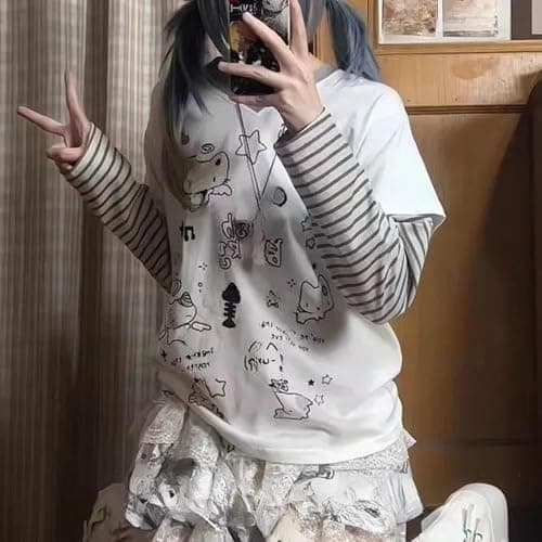 Y2k Fake 2 Piece Cute Shirts Women Kawaii Cutecore Graphic Long Sleeve Top Teen Girls 2000s Preppy Aesthetic Clothing thumbnail 6