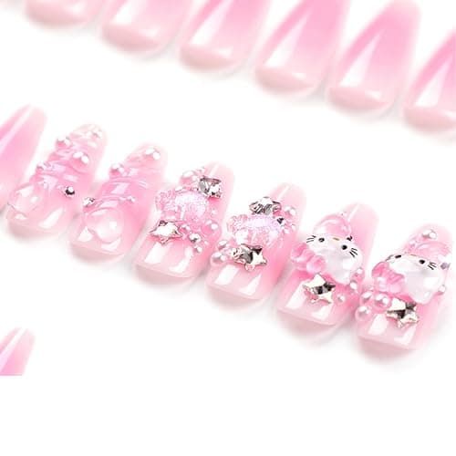 Long Square False Nails, French Press on Nails, Acrylic Stick on Nails, 24pcs Design Fake Nails with Glue Sticker for Women and Nail Tips Cool (Kitty-3, 24pcs) thumbnail 4