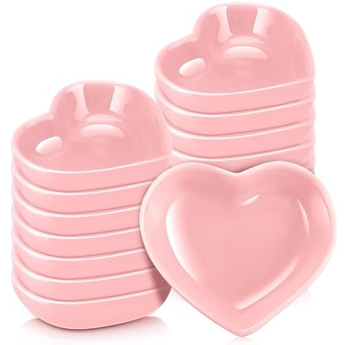 Zopeal 12 Pcs Heart Shaped Bowls Ceramic Dishes Heart Plates Multipurpose Salad Appetizer Plate Cooking Gift for Candy Sauce Sushi Dipping Serving Wedding Anniversary (Pink) - Image 1