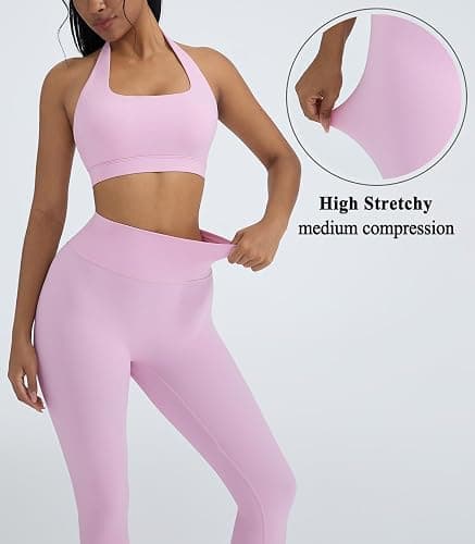 OMKAGI 2 Piece Workout Sets for Women Halter Sports Bras Gym Sets Booty Leggings Outfits thumbnail 5