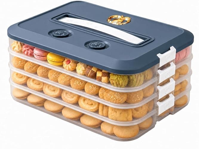 LOEZ Cookie Carrier, 4-Tier Cookie Storage Container with Lid, Blue | 1.41-in clearance per tier for brownies, crackers and dumplings. BPA-free PP; dishwasher and microwave safe - Image 1