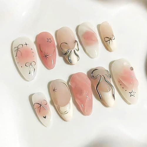 24Pcs Silver Bow Press on Nails Medium Almond French Tip Fake Nails with 3D Star Heart Design Pink White False Nails Full Cover Artificial Glue on Nails Handmade Stick on Nails for Women DIY Manicure - Image 1