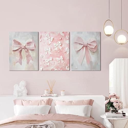 Pink Bow Canvas Wall Art Set of 3 Coquette Oil Painting Cute Bow Posters Wall Decor Trendy Preppy Print Picture for Back to School Bedroom Bathroom College Dorm 12x16 In Framed thumbnail 6